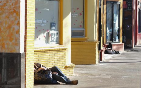 Homeless sleeping in shop doorways in Sacramento.